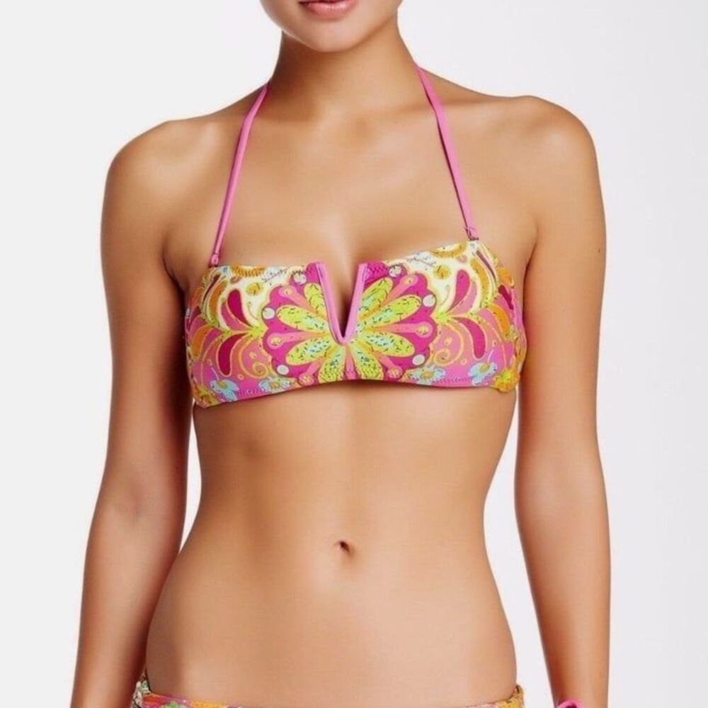 Trina Turk Woodblock Floral Bandeau Bikini Top in Pinkberry Size 8